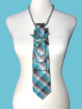 Turquoise Plaid Statement Necklace with Butterfly Accent